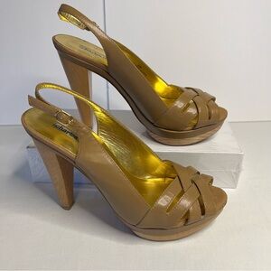 Charles David wood High heel‎ peep toe tan Strappy women's 6.5